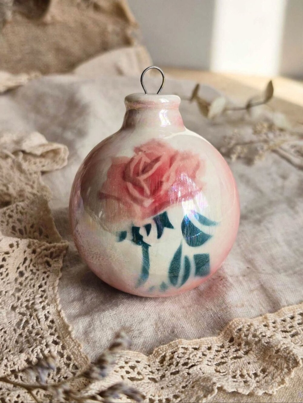 Vintage Pink Lusterware Floral Ceramic Christmas Ornament